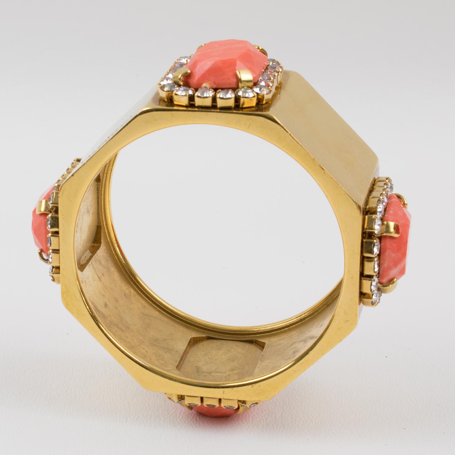 Women's or Men's Valentino Jeweled Gilt Metal Bracelet Bangle with Coral Resin Cabochons For Sale