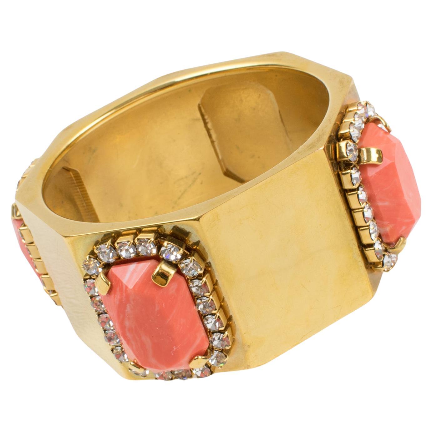 Valentino Jeweled Gilt Metal Bracelet Bangle with Coral Resin Cabochons For Sale