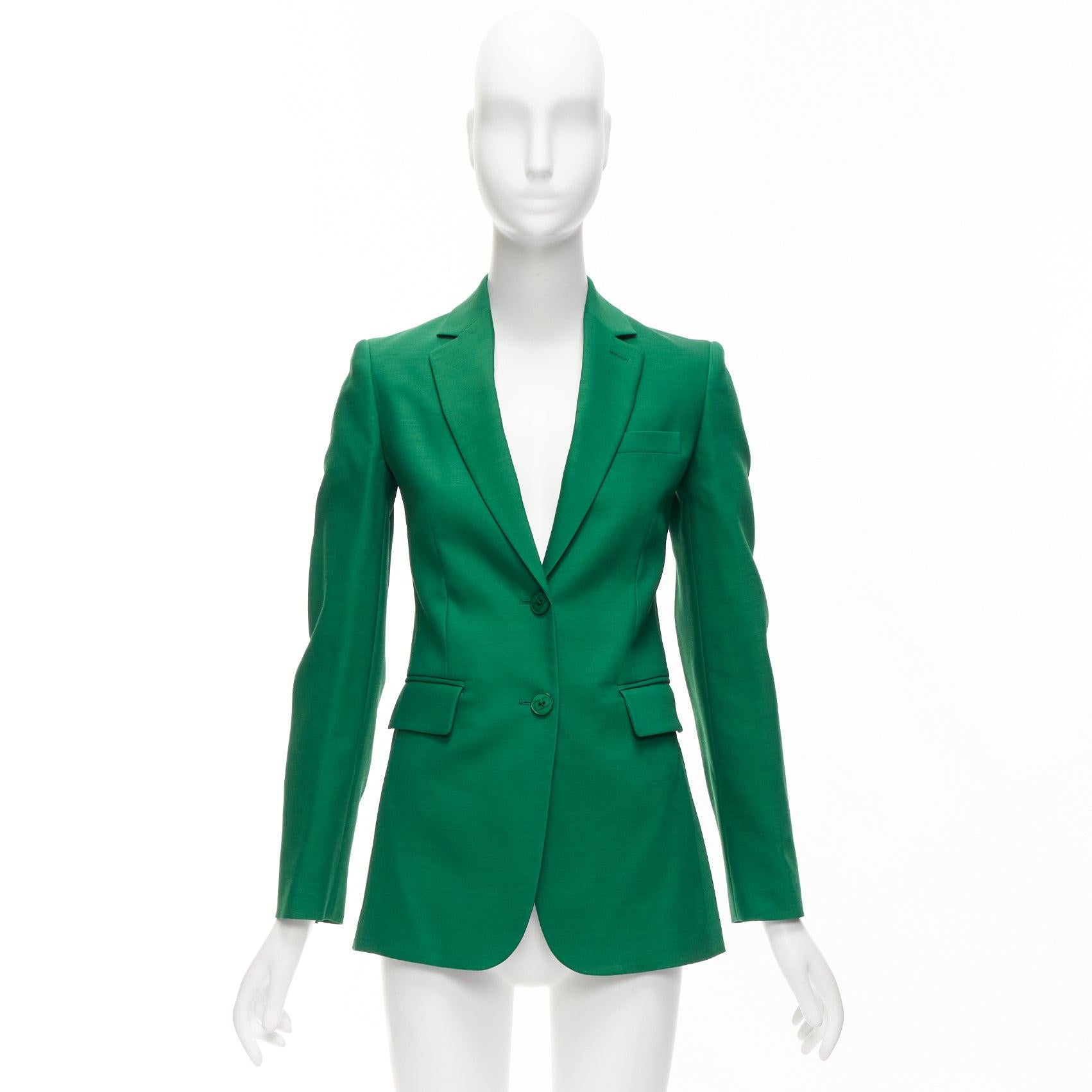 VALENTINO Kelly green wool silk fitted kong sleeve V neck blazer jacket IT36 XXS For Sale 7