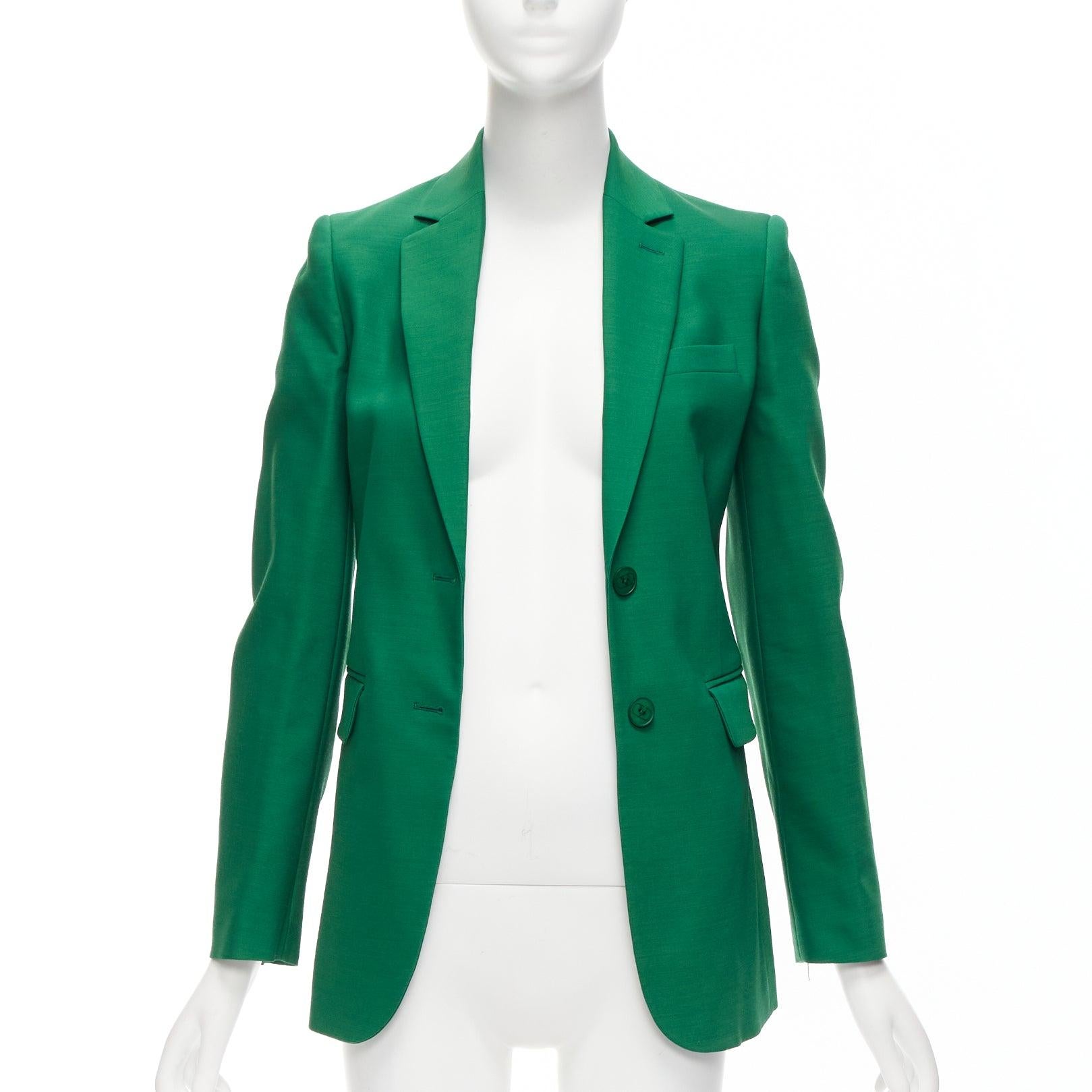 Green VALENTINO Kelly green wool silk fitted kong sleeve V neck blazer jacket IT36 XXS For Sale