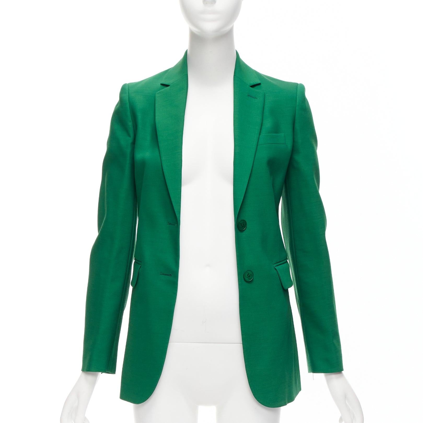 Women's VALENTINO Kelly green wool silk fitted kong sleeve V neck blazer jacket IT36 XXS For Sale