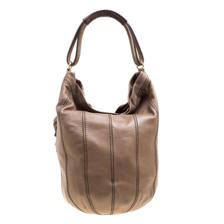 Valentino Khaki Brown Leather Bucket Hobo For Sale at 1stDibs