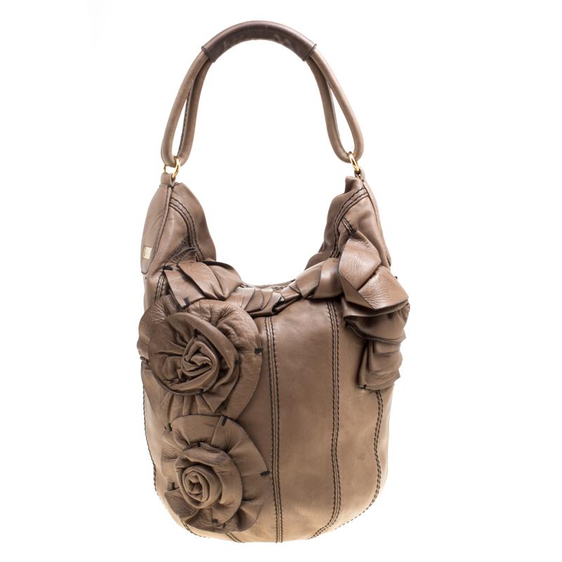 Valentino Khaki Brown Leather Bucket Hobo