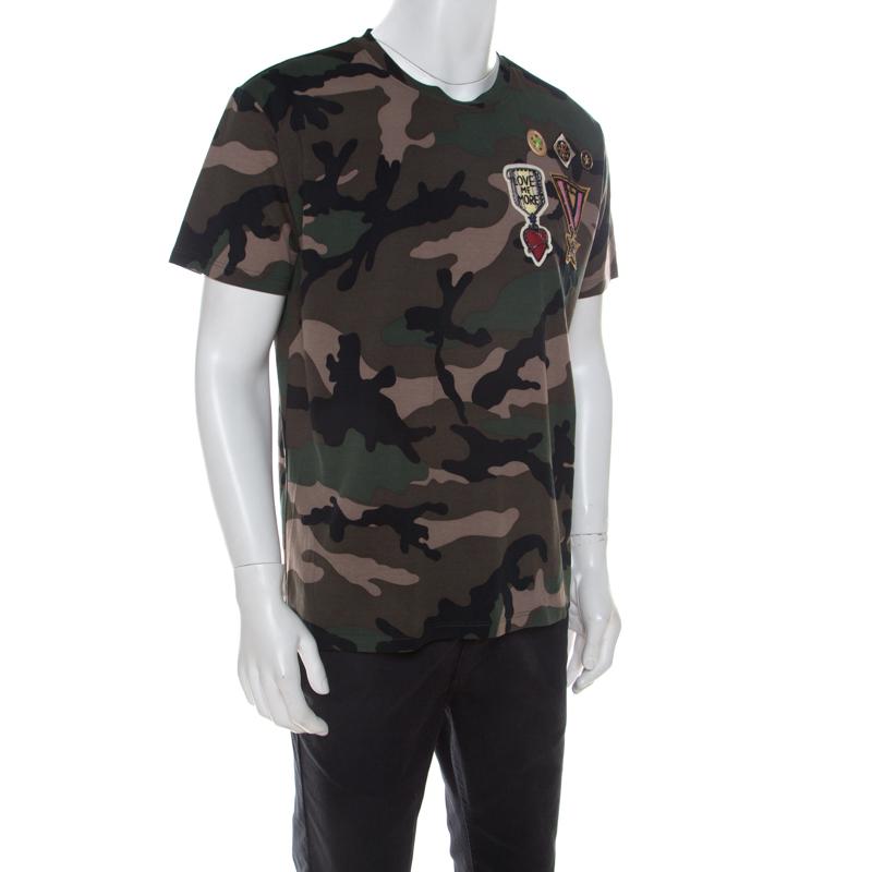 Beige Valentino Khaki Green Camouflage Print Cotton Military Applique Detail T-Shirt L