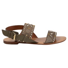 VALENTINO khaki green suede & leather STUDDED Flat Sandals Shoes 37.5