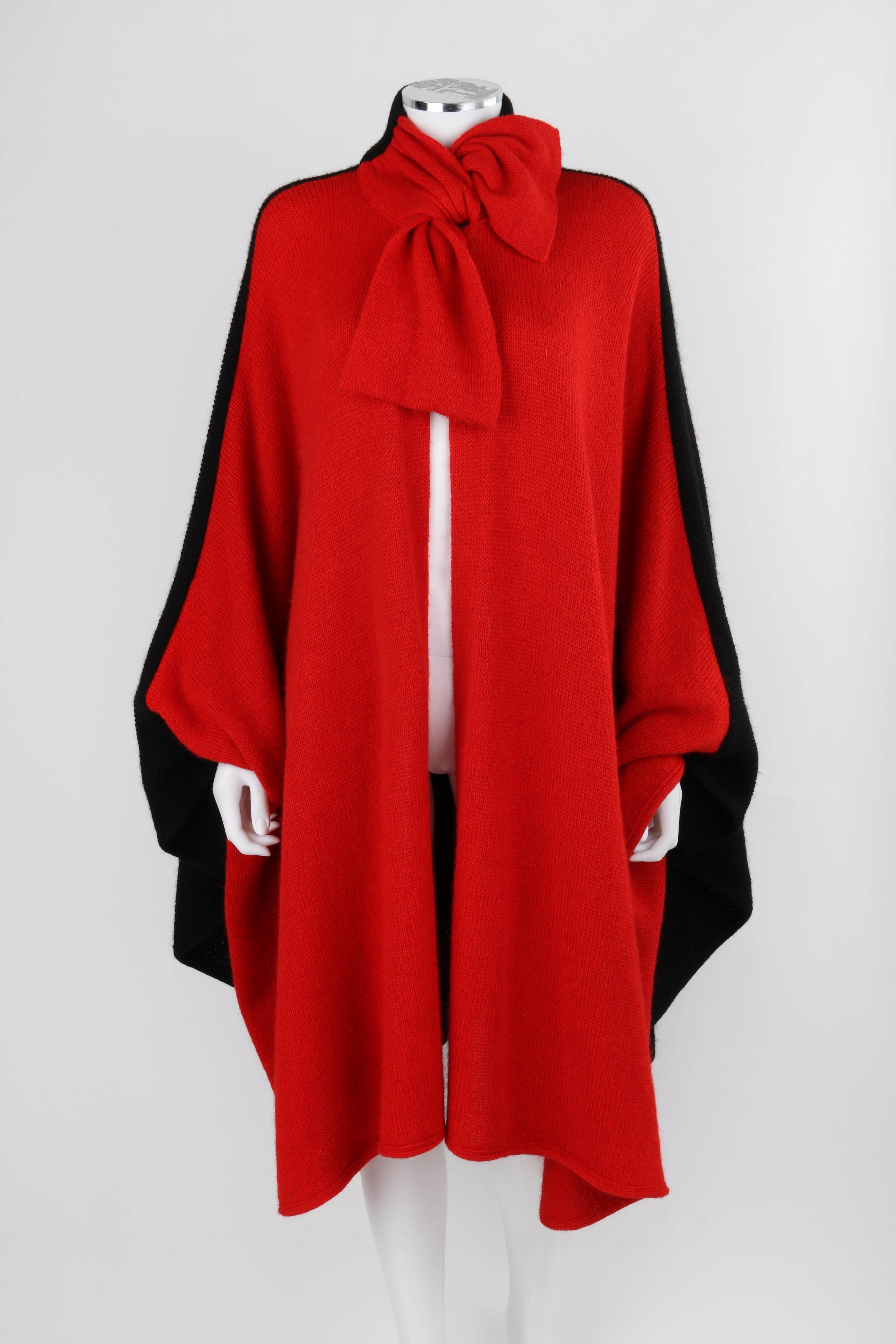 VALENTINO Knitwear c.1980's Vtg Red Black Alpaca Wool Knit Scarf Tie Button Cape For Sale 1