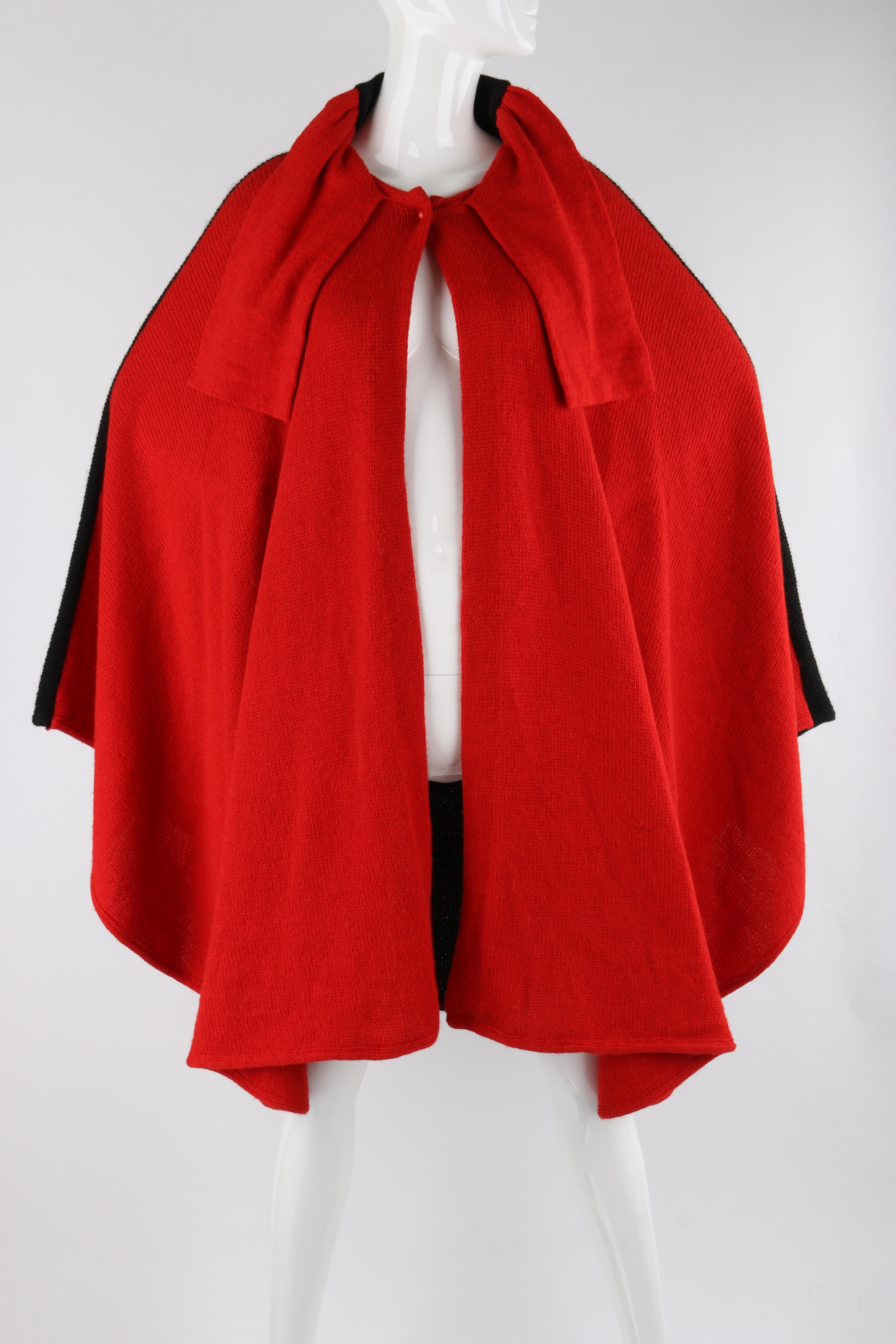 VALENTINO Knitwear c.1980's Vtg Red Black Alpaca Wool Knit Scarf Tie Button Cape 2
