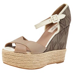 Used Valentino Leather And Fabric Wedge Platform Espadrille Sandals Size 39.5