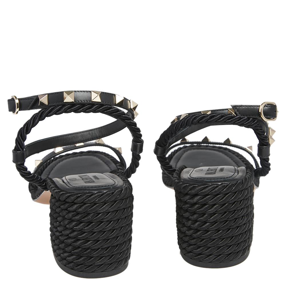 Women's Valentino Leather And Knit Fabric Rockstud Rope Ankle-Strap Sandals Size 40