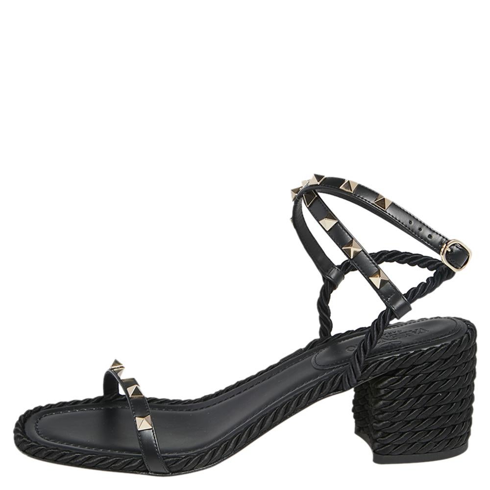 Valentino Leather And Knit Fabric Rockstud Rope Ankle-Strap Sandals Size 40 1