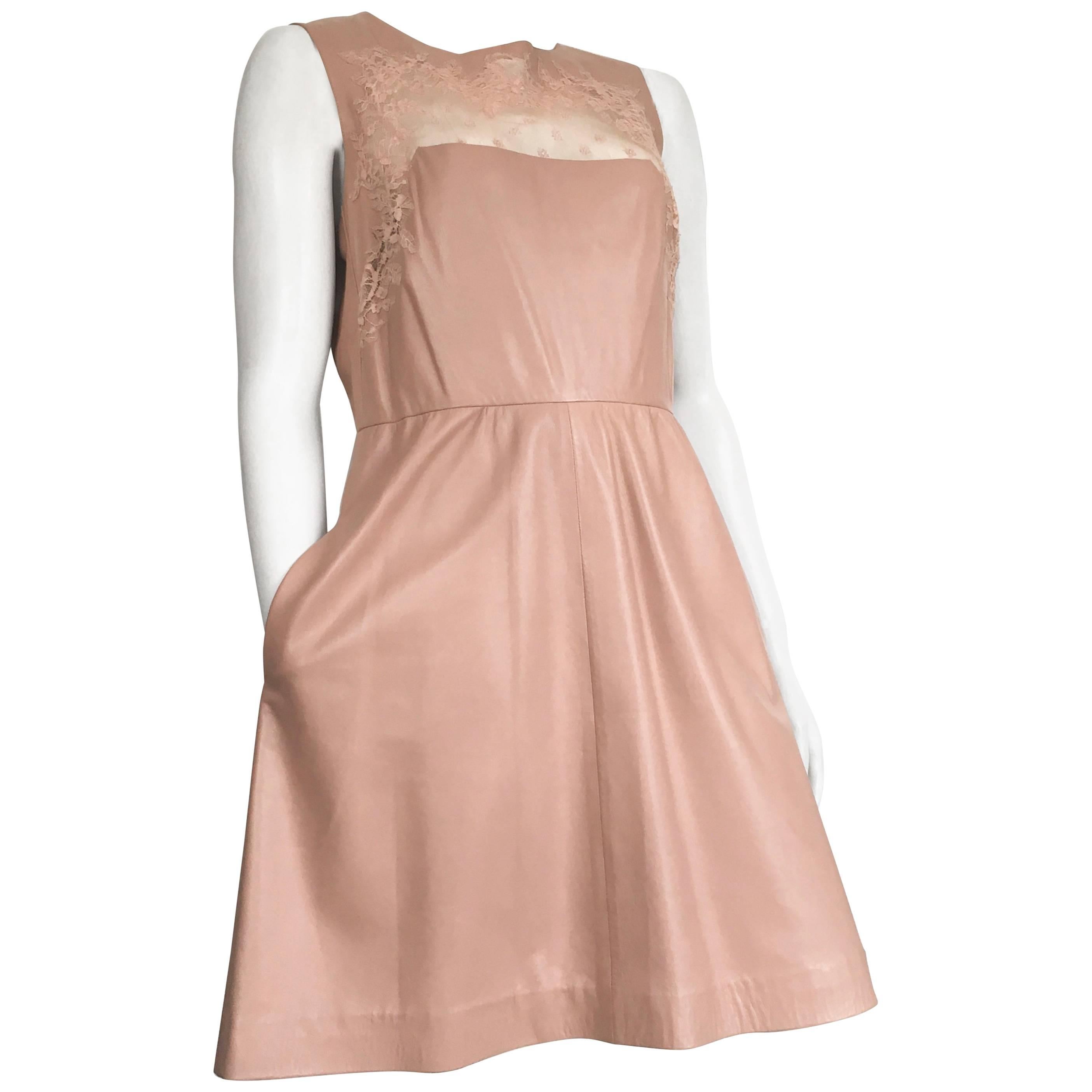 Valentino Leather and Lace Evening Cocktail Dress with Pockets Size 8. For Sale
