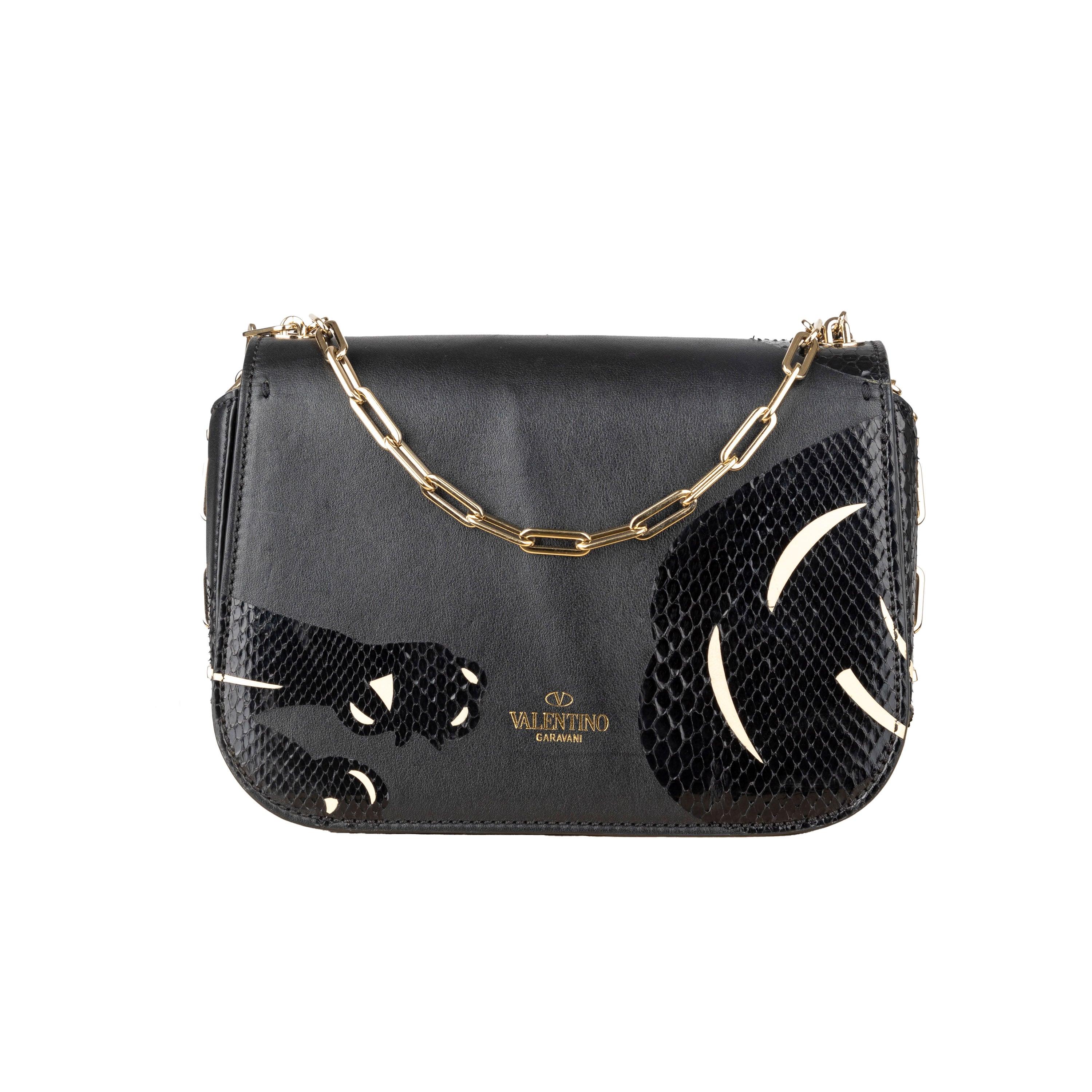 Black Valentino Leather and Snakeskin Panther Crossbody Bag - '10s