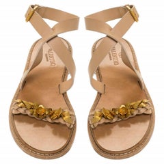 Valentino Leather Floral Embellished Testa Di Moro Ankle Strap Flat Sandal 39