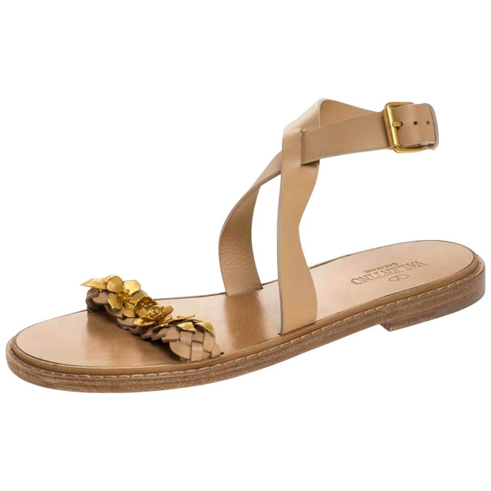 Valentino Leather Floral Embellished Testa Di Moro Ankle Strap Flat Sandal 39