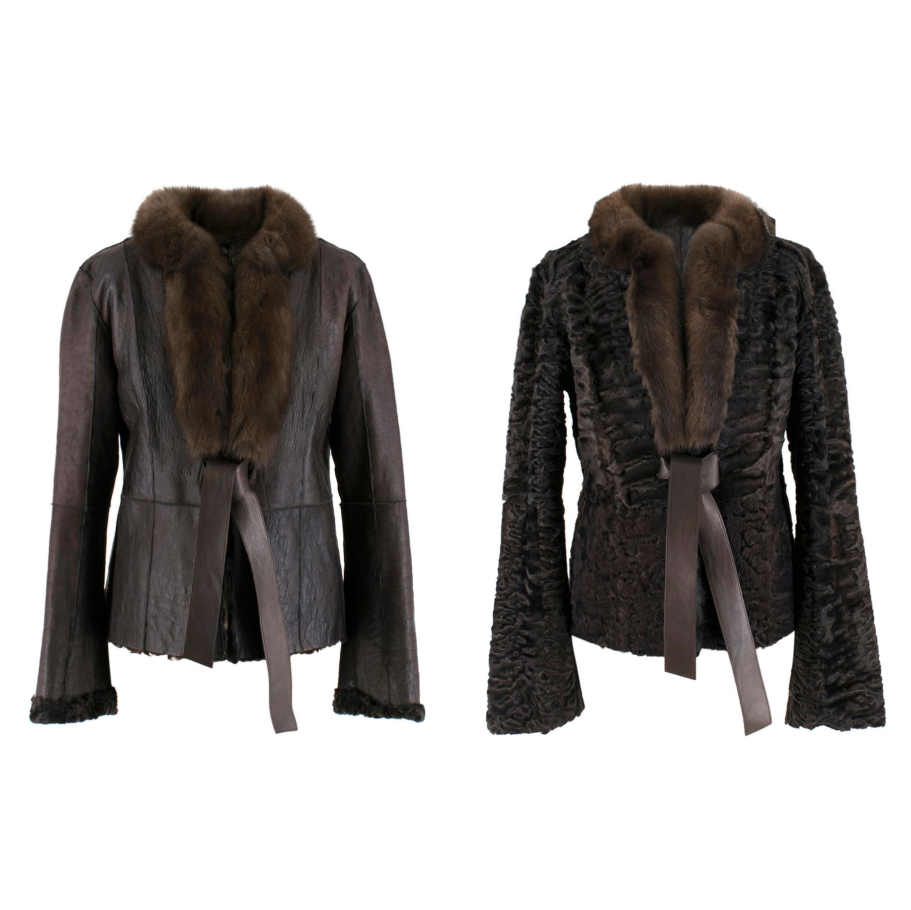 Valentino Leather, Sable & Astrakhan Fur Reversible Jacket

- Valentino reversible jacket
- One side is brown panelled leather 
- The other side is brown astrakhan fur
- Self-tie leather belt and hook & eye fastening
- Long sleeves
- Fitted shape
-