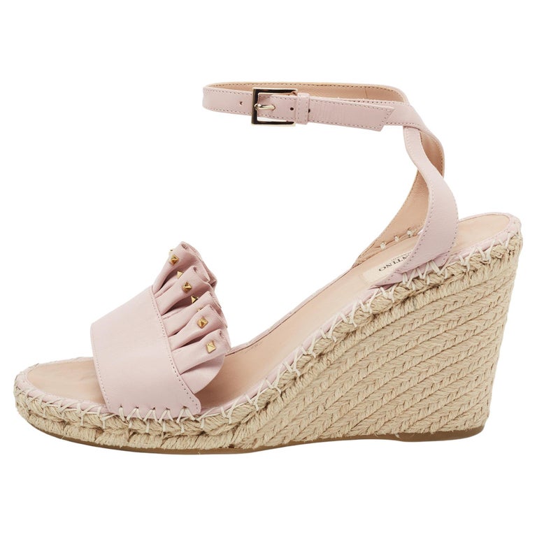 Valentino Leather Studded Ruffle-Trimmed Espadrille Wedge Sandals Size 40  For Sale at 1stDibs