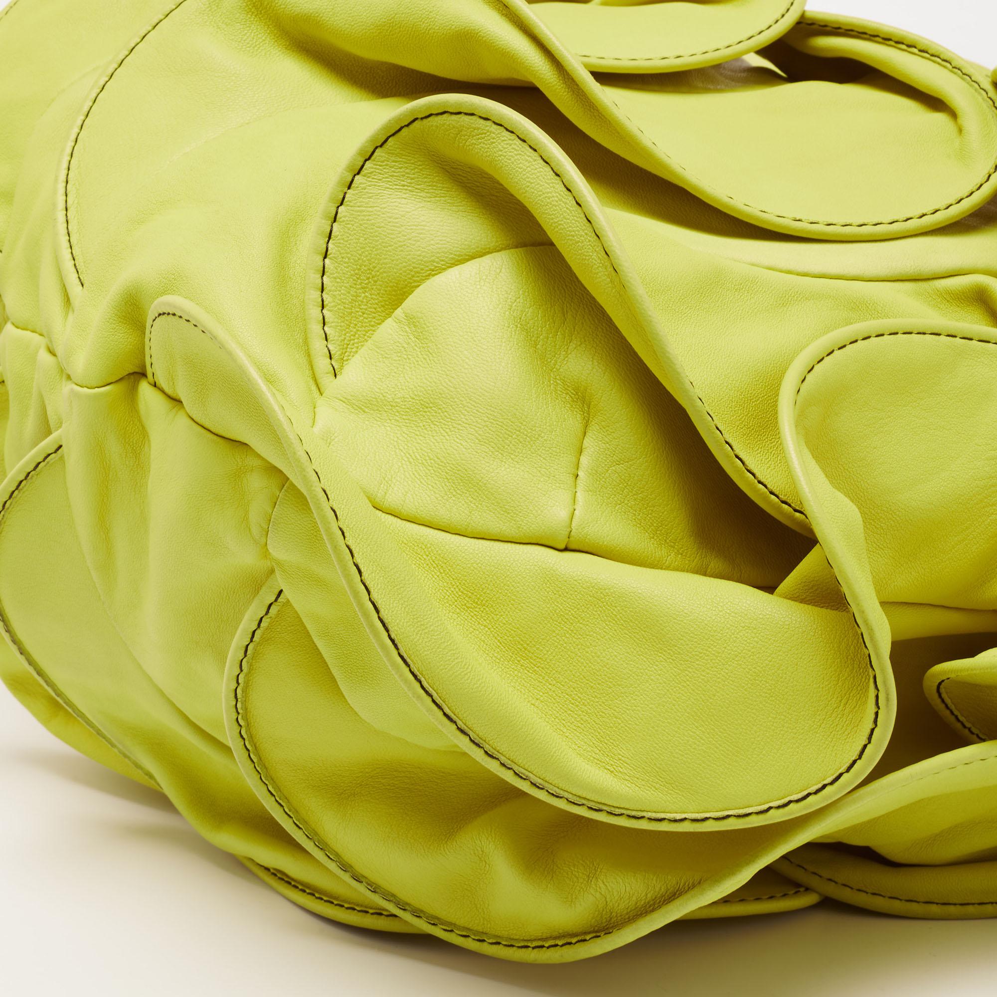 Valentino Lemon Yellow Leather Rouches Ruffle Hobo 3