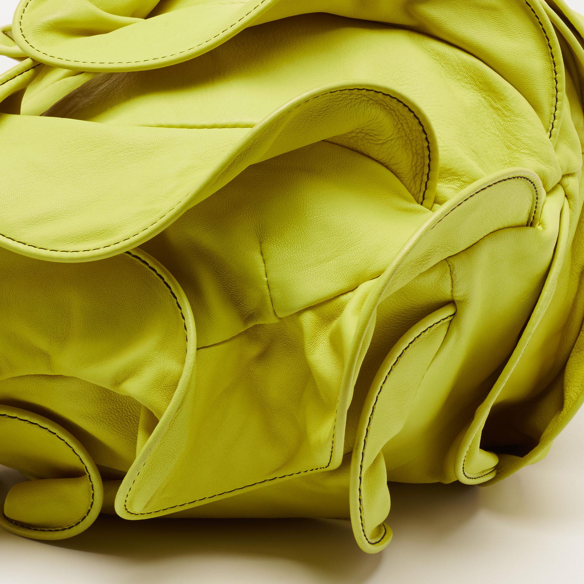 Valentino Lemon Yellow Leather Rouches Ruffle Hobo 2