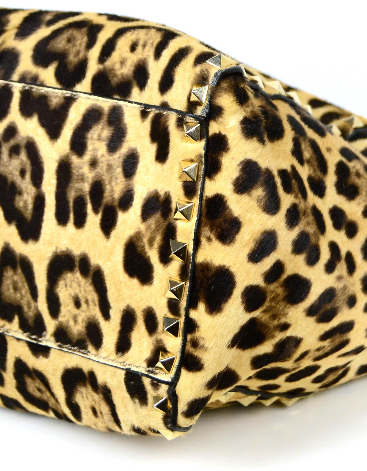 Beige Valentino Leopard Print Calf Hair Small Rockstud Tote Bag w/ Crossbody Strap