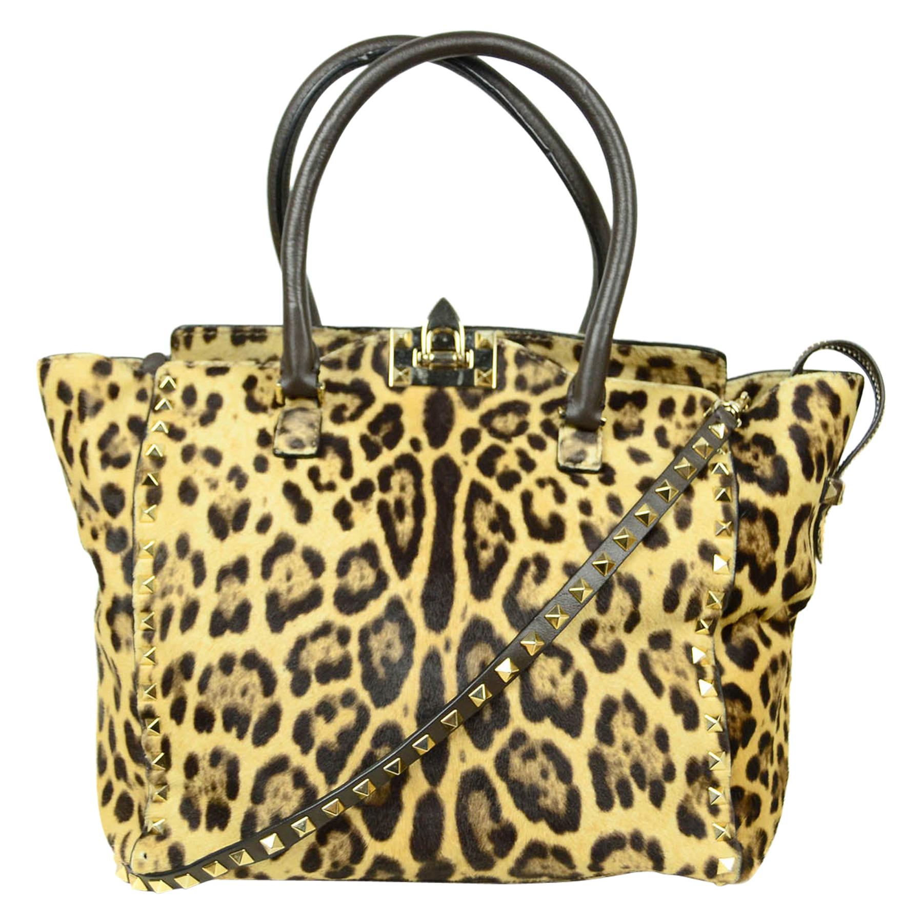 Valentino Leopard Print Calf Hair Small Rockstud Tote Bag w/ Crossbody Strap