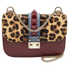 Valentino Leopard Print Calfhair and Leather Small Rockstud Glam Lock Flap Bag