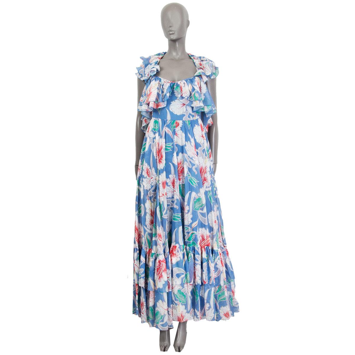 100% authentic Valentino hibiscus-print ruched maxi dress in light blue cotton (100% please note content tag is missing) with multicolored print. Closes with one button behind the neck and with a concealed zipper on the left side, featuring ruches