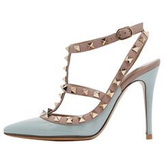 Valentino Light Blue/Old Rose Patent Leather Rockstud Ankle Strap Pumps Size 34