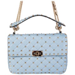 VALENTINO light blue quilted leather ROCKSTUD SPIKE MEDIUM Shoulder Bag