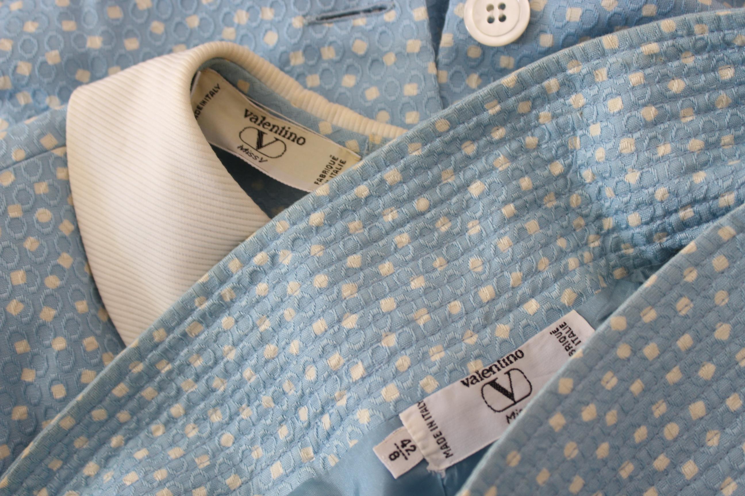 Women's Valentino Light Blue White Cotton Polka Dot Casual Suit Skirt and Shirt 