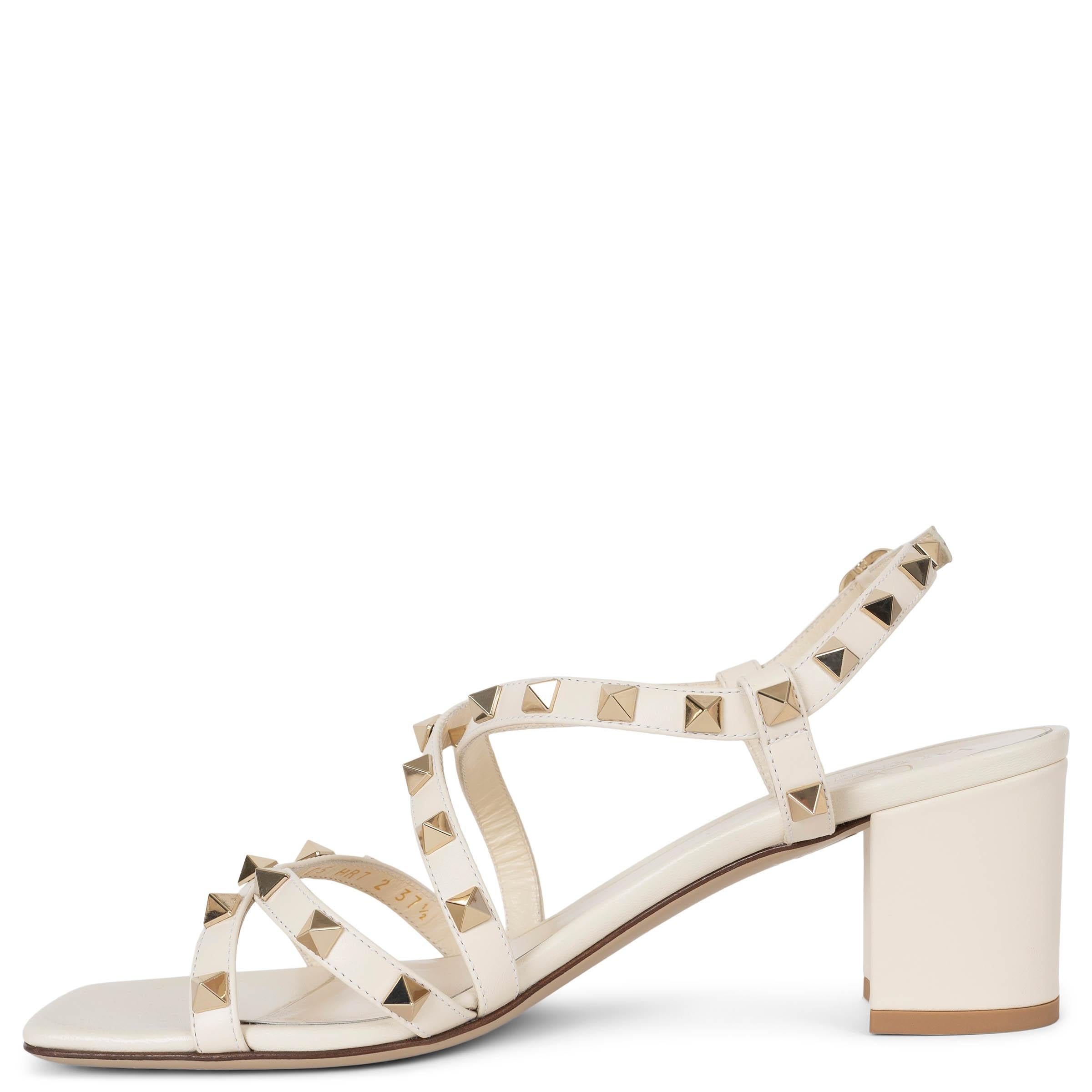 Beige VALENTINO light cream leather ROCKSTUD 60 BLOCK Sandals Shoes 37.5 For Sale
