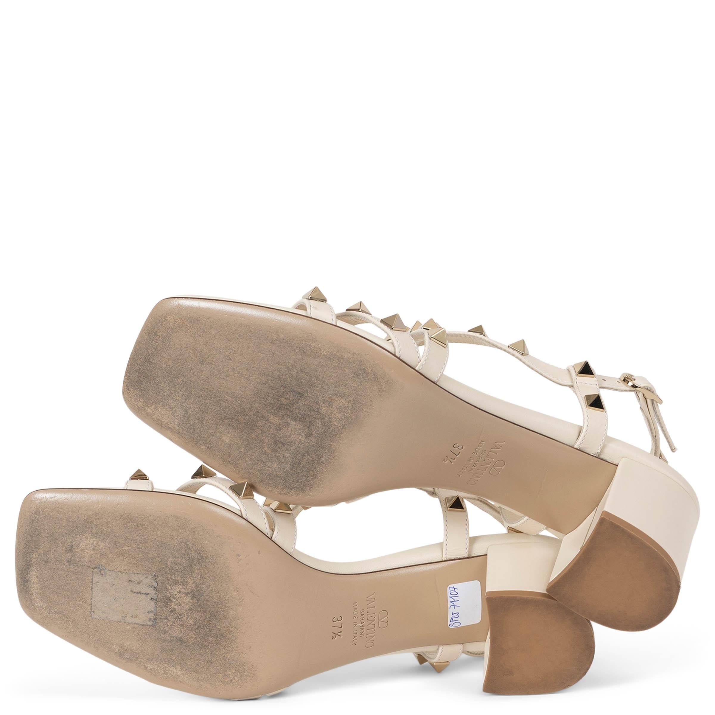 VALENTINO light cream leather ROCKSTUD 60 BLOCK Sandals Shoes 37.5 For Sale 2