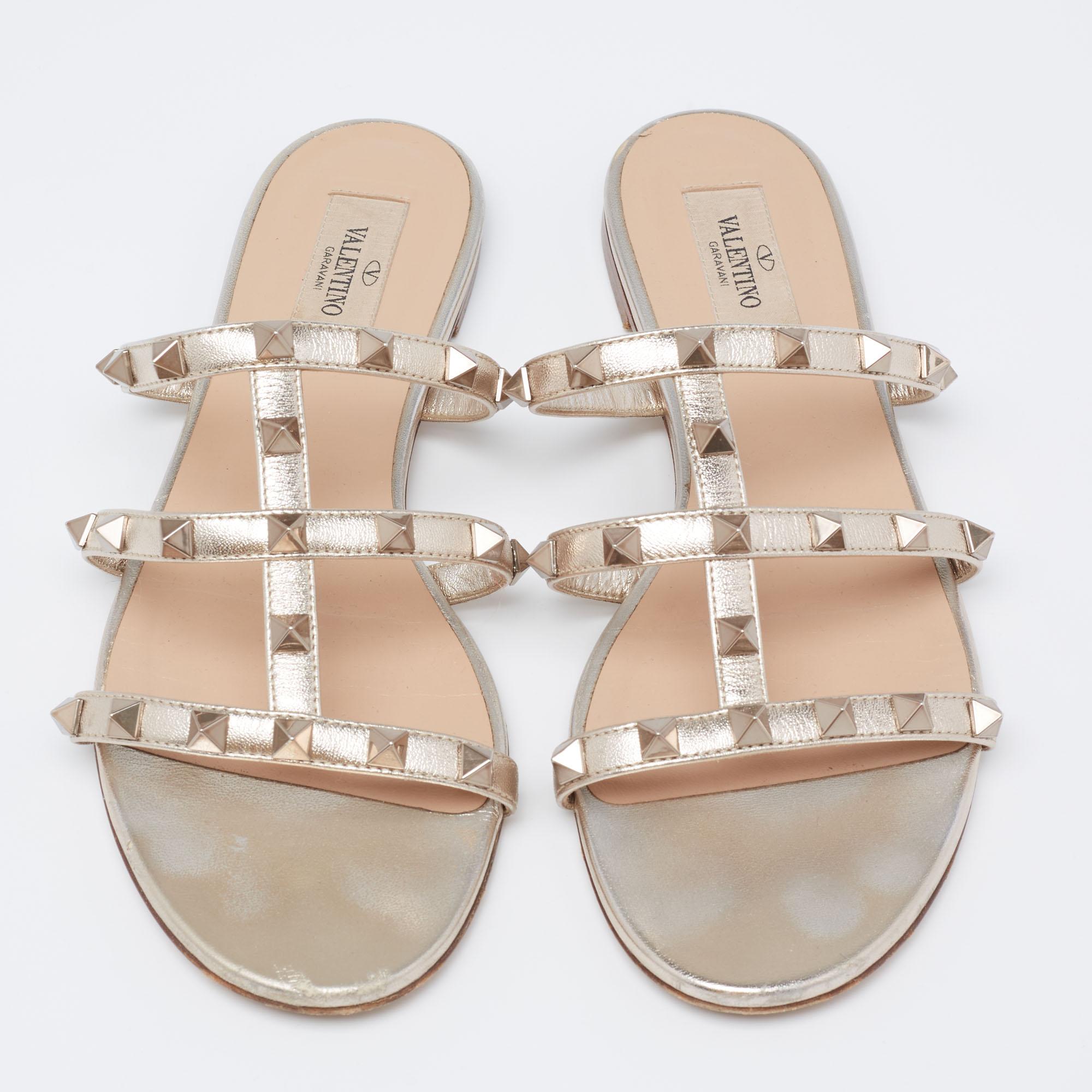 Women's Valentino Light Gold Leather Rockstud Flat Slides Size 38