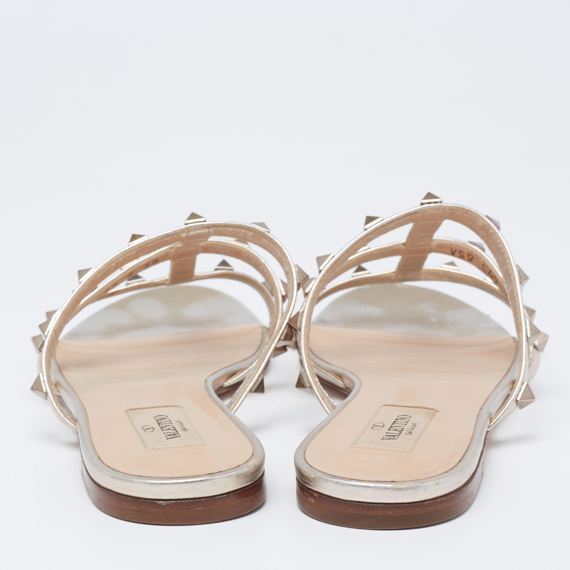Valentino Light Gold Leather Rockstud Flat Slides Size 38 1