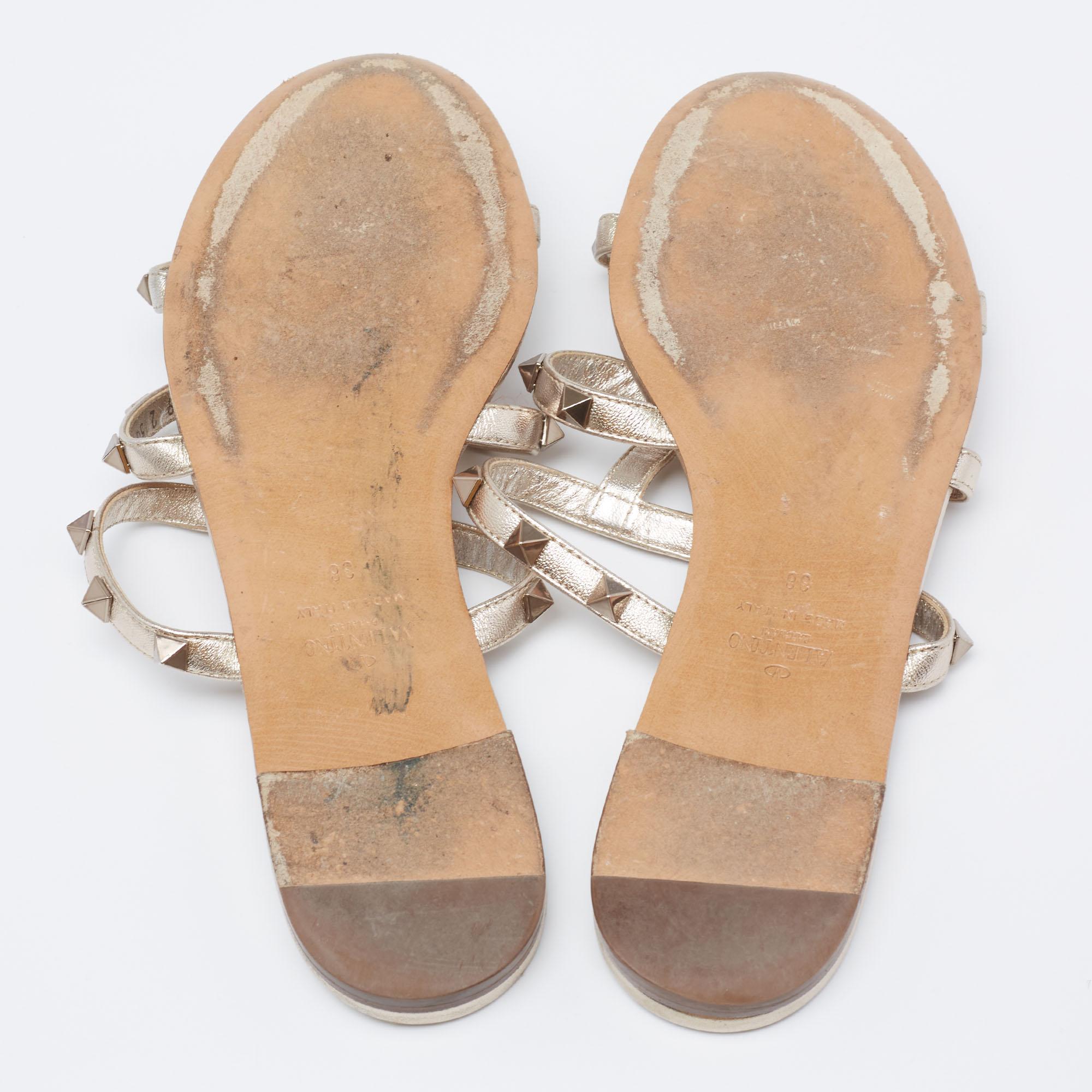 Valentino Light Gold Leather Rockstud Flat Slides Size 38 2