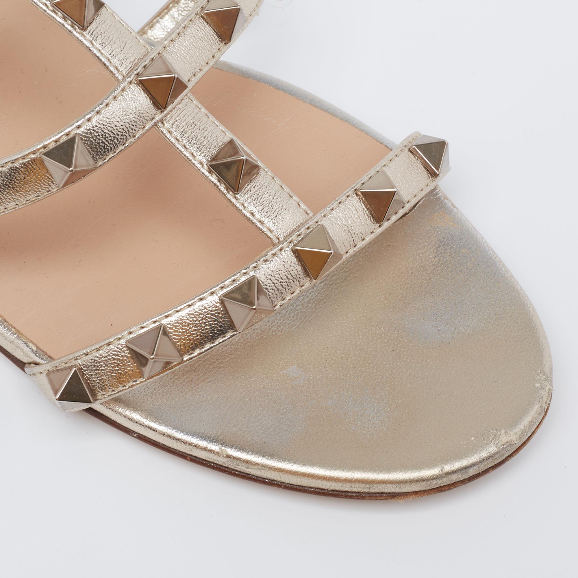 Valentino Light Gold Leather Rockstud Flat Slides Size 38 3