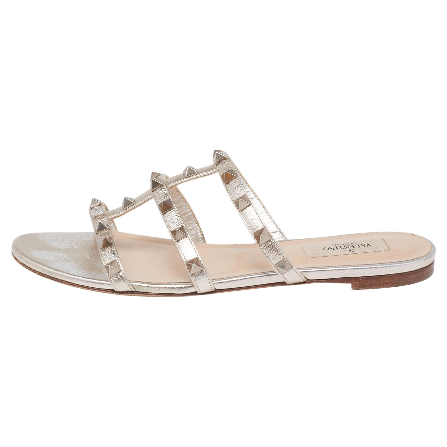 Valentino Light Gold Leather Rockstud Flat Slides Size 38