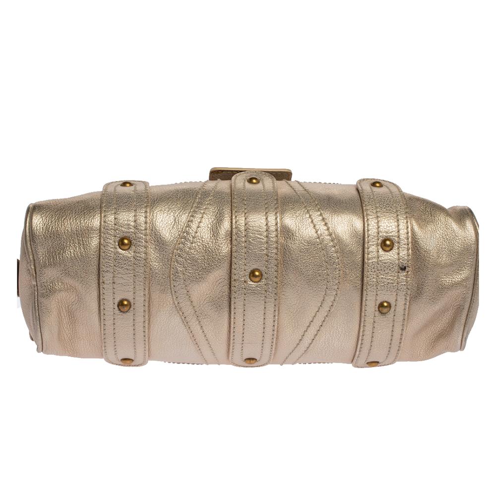 Women's Valentino Light Gold Textured Leather Embellished VLogo Satchel