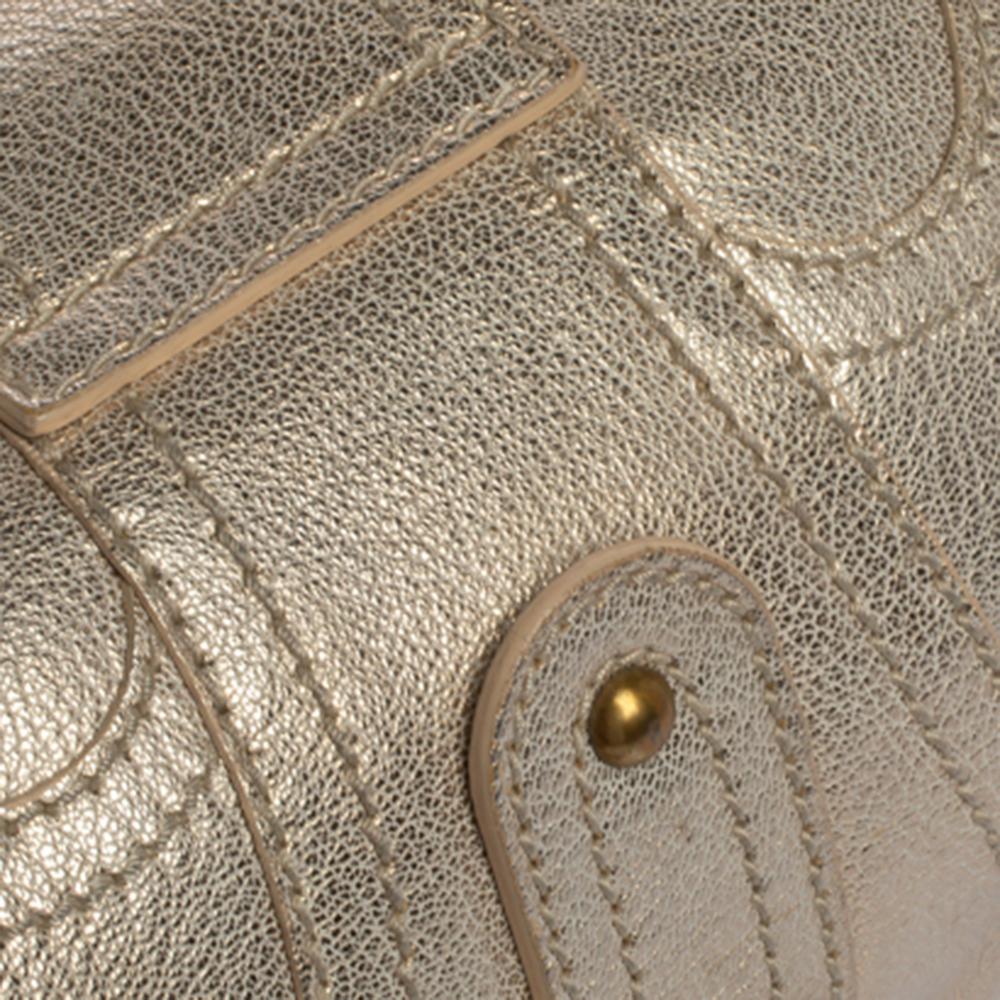 Valentino Light Gold Textured Leather Embellished VLogo Satchel 4