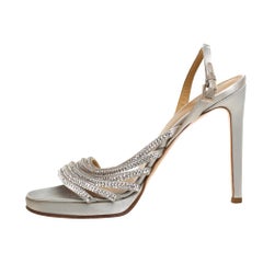 Valentino Light Grey Satin Crystal Embellished Slingback Sandals Size 38