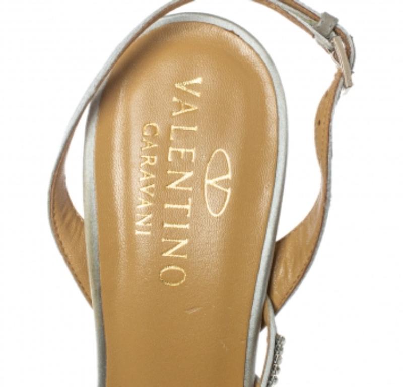 Women's Valentino Light Grey Satin Crystal Embellished Slingback Sandals Size 39.5 For Sale