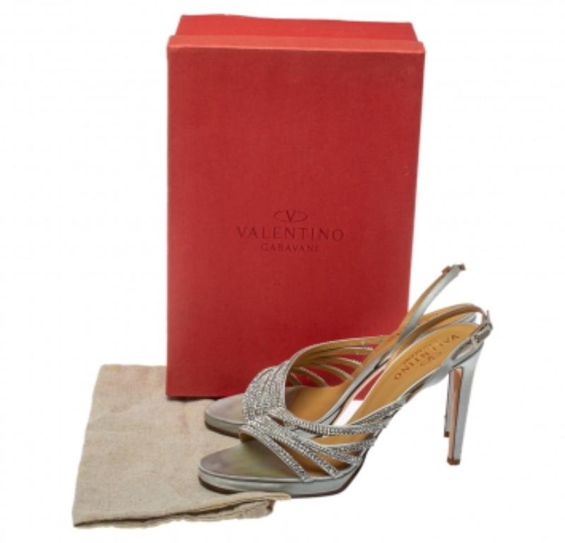 Valentino Light Grey Satin Crystal Embellished Slingback Sandals Size 39.5 For Sale 3