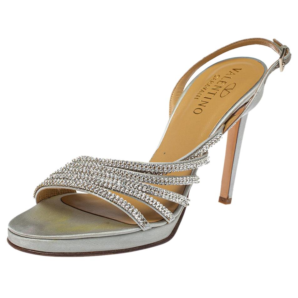 Valentino Light Grey Satin Crystal Embellished Slingback Sandals Size 39.5