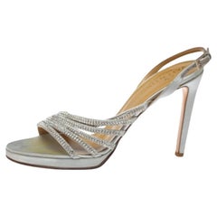 Valentino Light Grey Satin Crystal Embellished Slingback Sandals Size 39.5