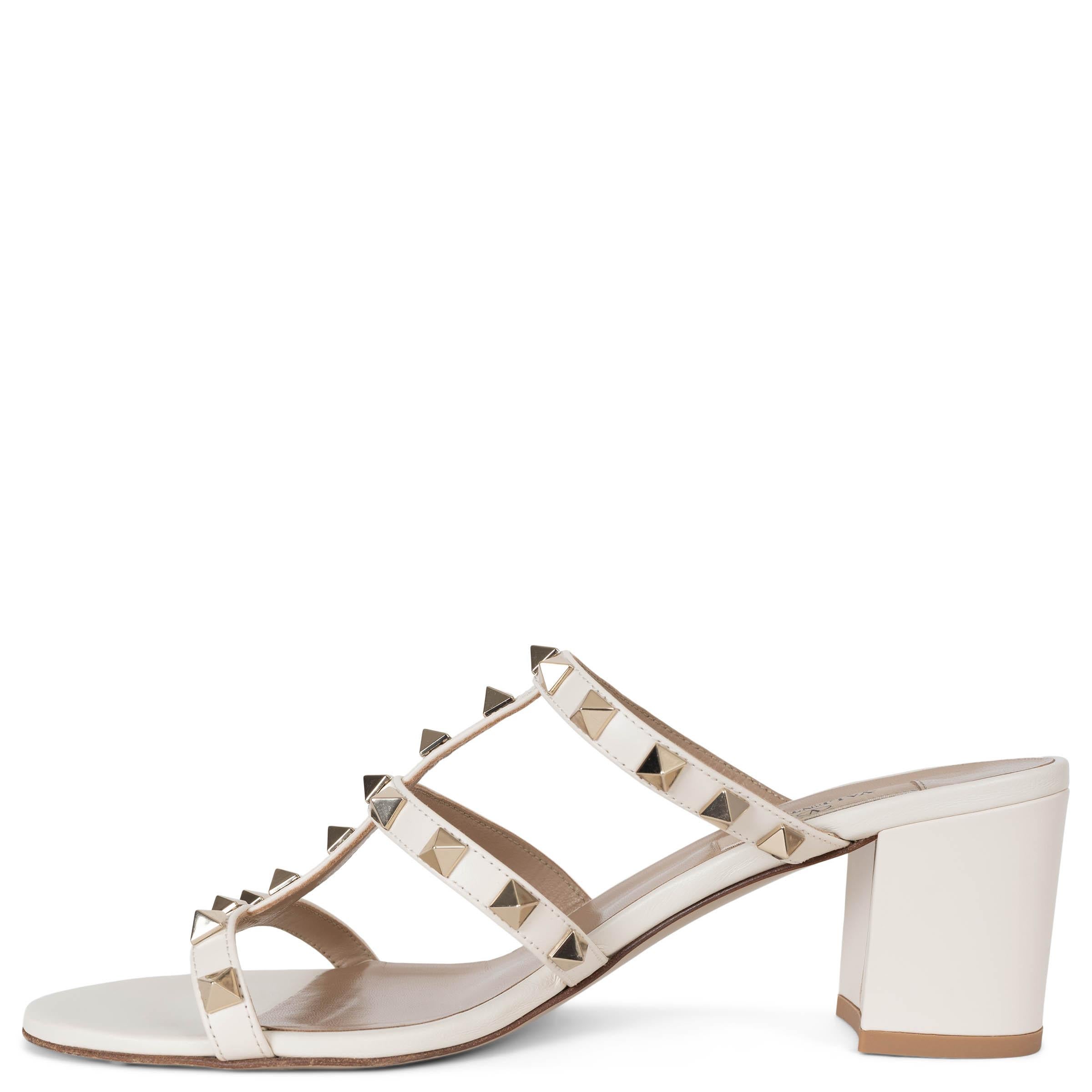 Beige VALENTINO light ivory leather ROCKSTUD BLOCK HEEL SLIDE Sandals Shoes 37.5