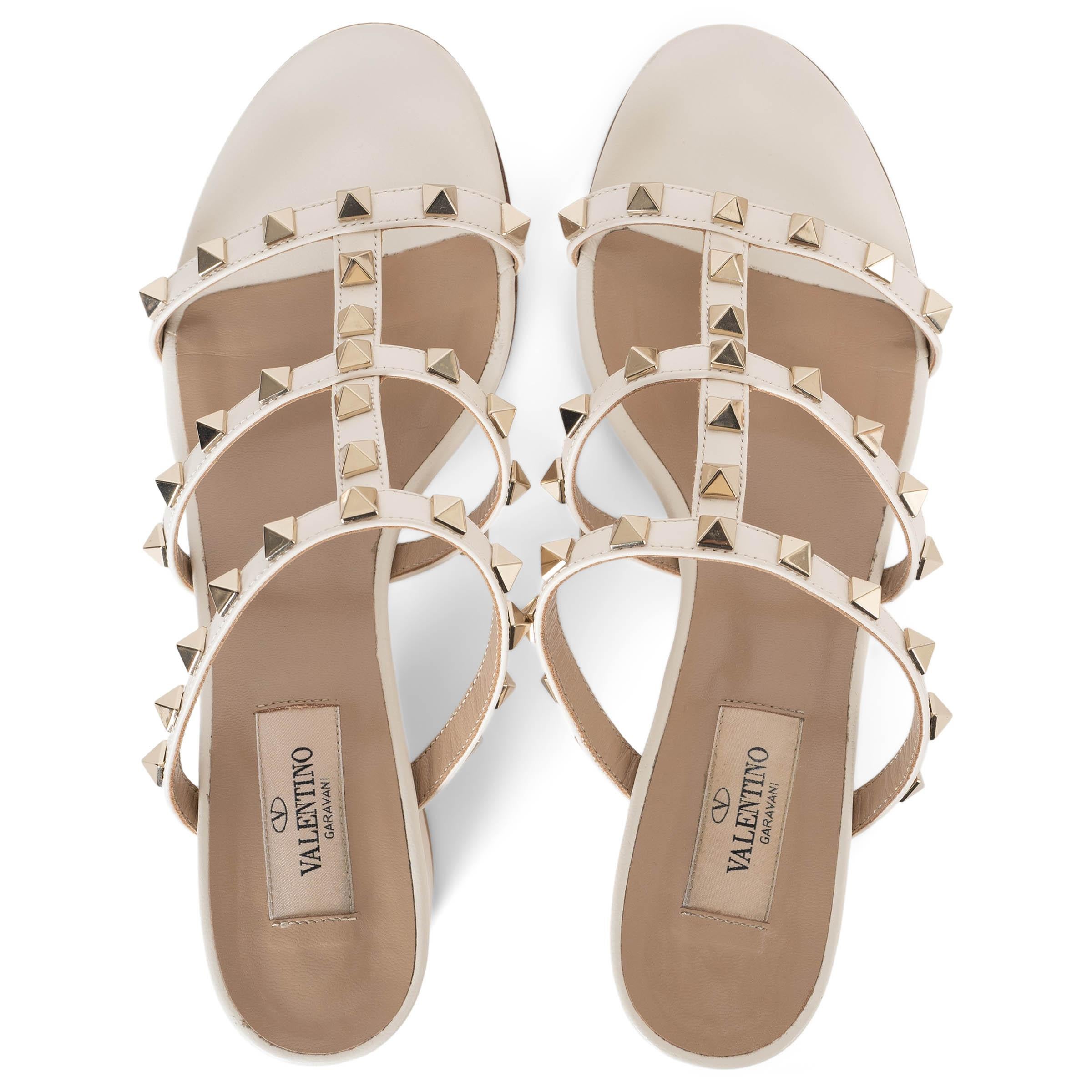 Women's VALENTINO light ivory leather ROCKSTUD BLOCK HEEL SLIDE Sandals Shoes 37.5