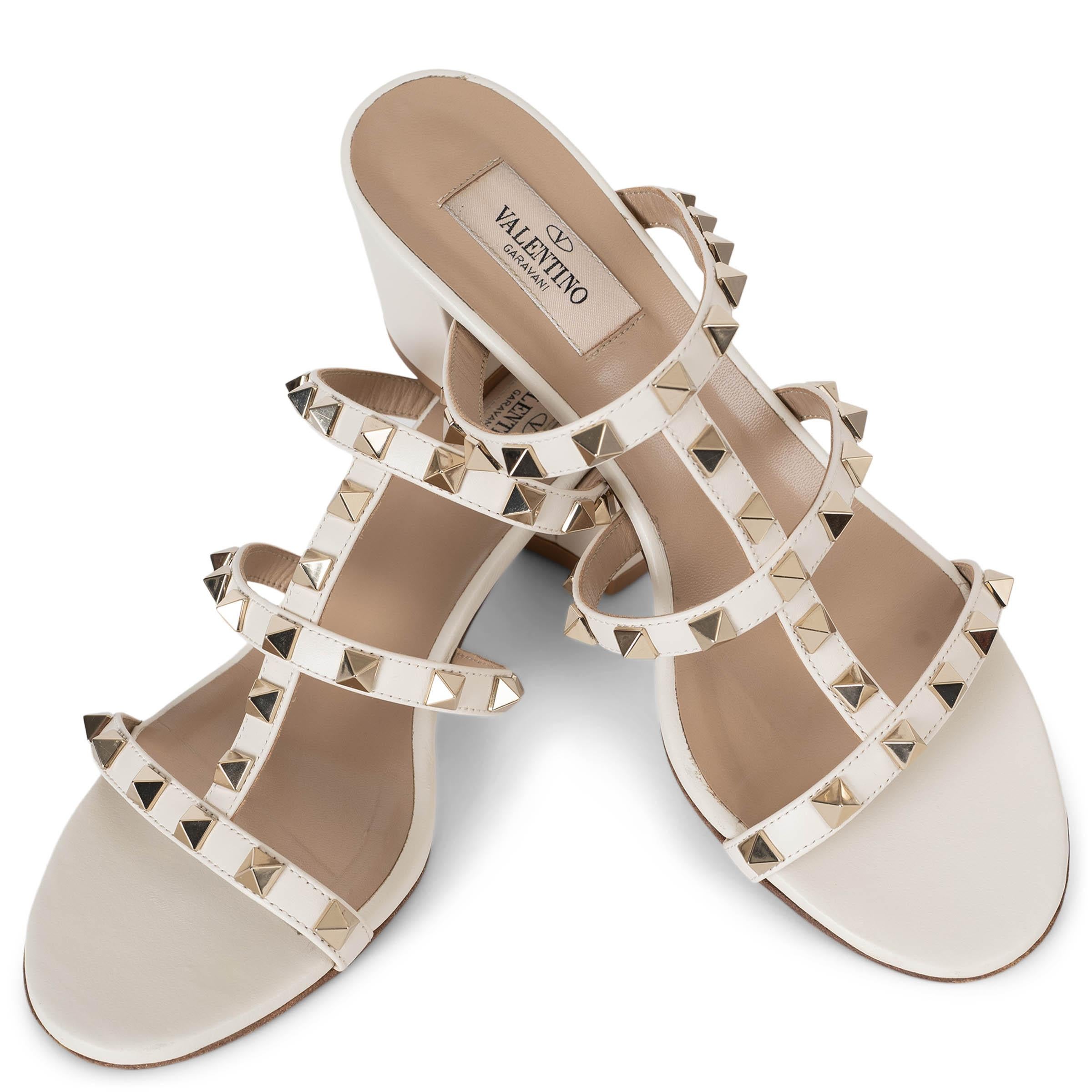 VALENTINO light ivory leather ROCKSTUD BLOCK HEEL SLIDE Sandals Shoes 37.5 1