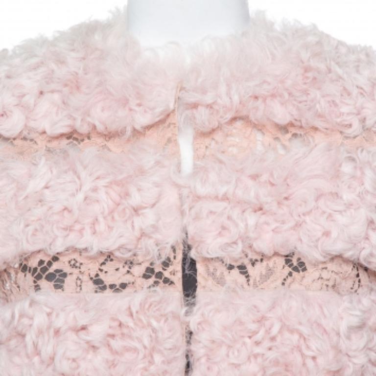Valentino Light Pink Pelz & Spitze Kurzarm Crop Jacket S (Beige) im Angebot