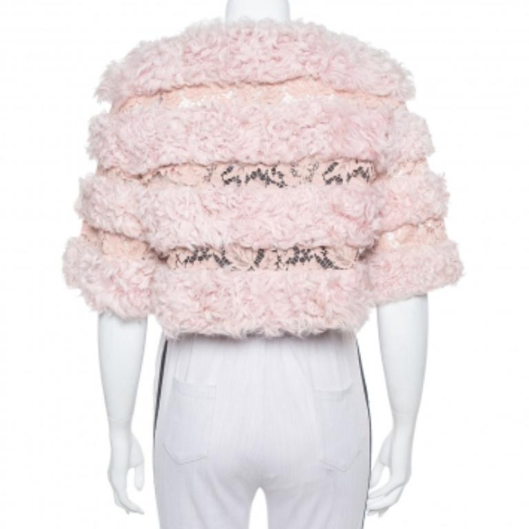 Valentino Light Pink Pelz & Spitze Kurzarm Crop Jacket S im Angebot 2
