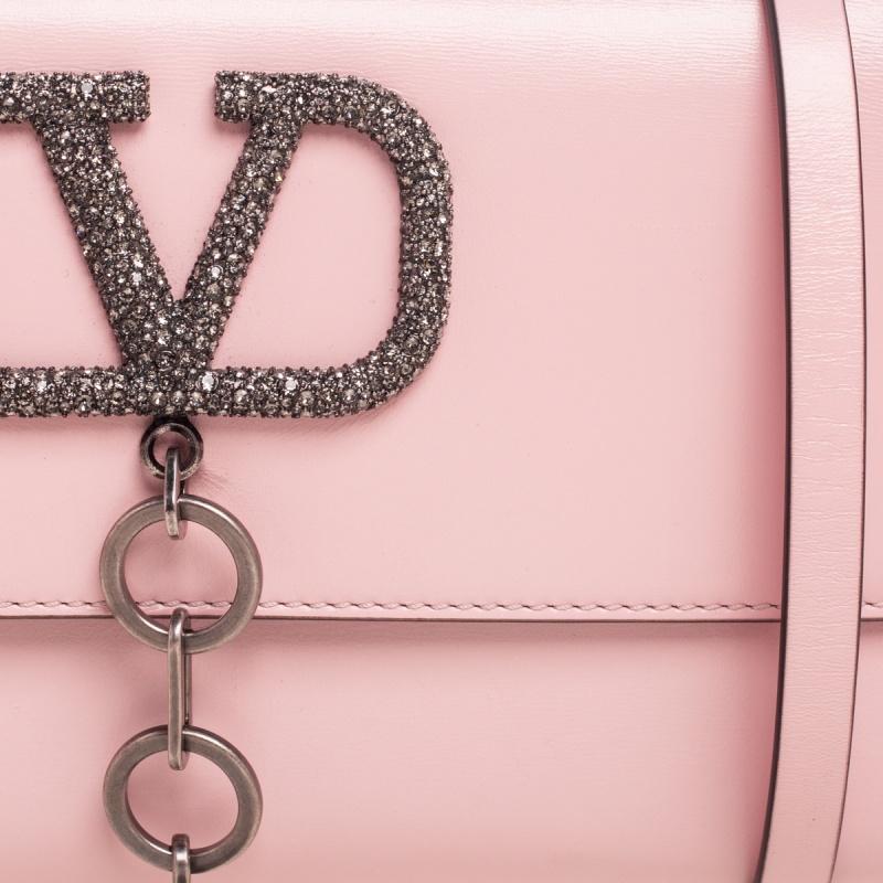 Beige Valentino Light Pink Leather Vcase Crystals Clutch Bag