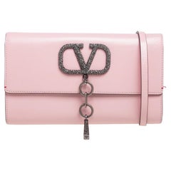 Valentino Light Pink Leather Vcase Crystals Clutch Bag